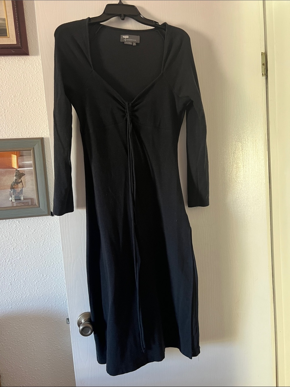Anthropologie Black Long Sleeve Drawstring Midi Dress